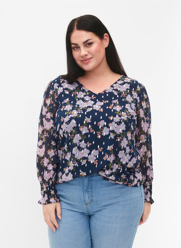 Zizzi Blommig blus med långa ärmar och v-hals, Blue Small Fl. AOP, Model image number 0