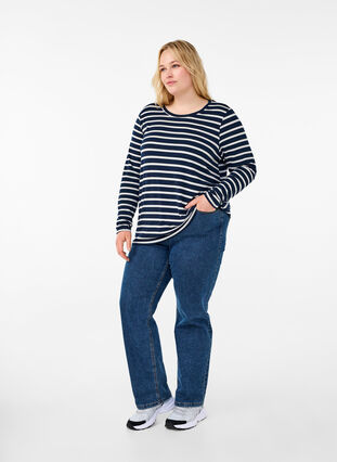 Zizzi Långärmad blus med ränder, Evening Blue Stripe, Model image number 2