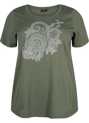 Zizzi T-shirt i bomull med strassmotiv, Thyme w. Rhinestones, Packshot image number 0