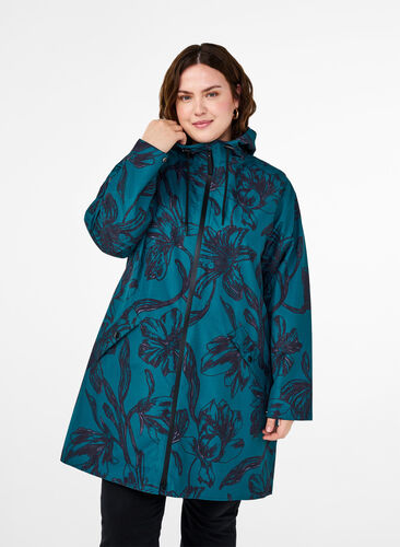 Zizzi Regnjacka med tryck, Deep Teal Black, Model image number 0