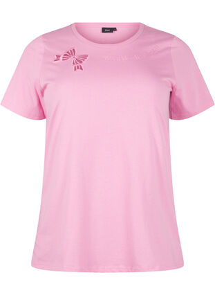 Zizzi T-shirt i ekologisk bomull med rosettdetalj, Rosebloom, Packshot image number 0