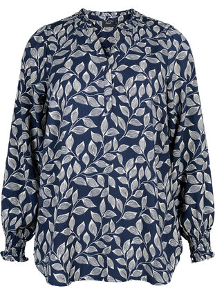 Zizzi Blus med smock och v-ringning, Navy Leaf, Packshot image number 0