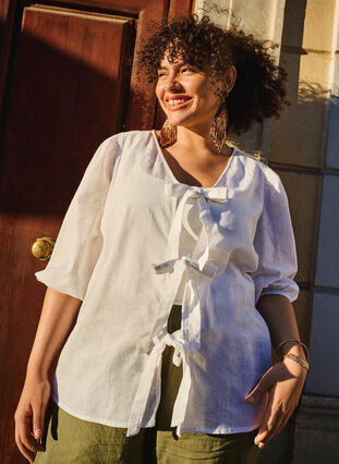 Zizzi Bomullsblus med 3/4-ärmar i bomullsblandning med linne, Bright White, Image image number 0