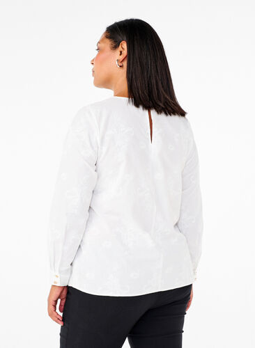 Zizzi Långärmad blus med broderi, Bright White, Model image number 1