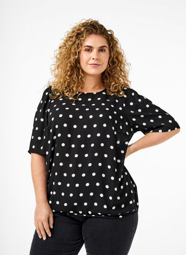 Zizzi Prickig blus med korta ärmar, Black W. White Dot, Model image number 0