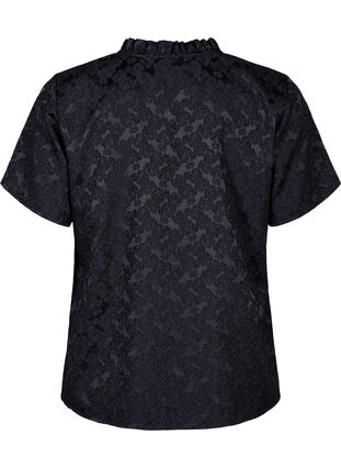 Zizzi Kortärmad knytbandsblus i jacquard, Black, Packshot image number 1