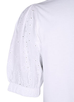 Zizzi Blus i ekologisk bomull med broderie anglaise-ärmar, Bright White, Packshot image number 3