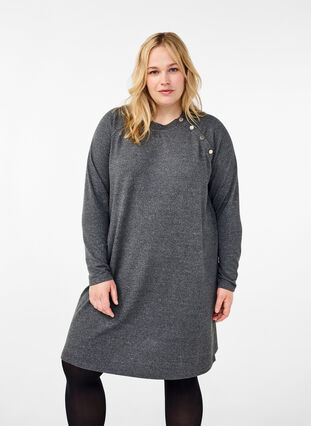 Zizzi Jerseyklänning med knappar, Dark Grey Melange, Model image number 0