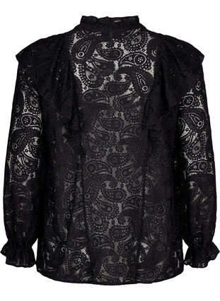 Zizzi Skjortblus i spets med volangdetalj, Black, Packshot image number 1