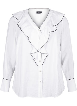 Zizzi Långärmad skjortblus i viskos med volang, Bright White, Packshot image number 0