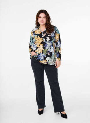 Zizzi Långärmad blus med blommigt tryck, Yellow Flower AOP, Model image number 2