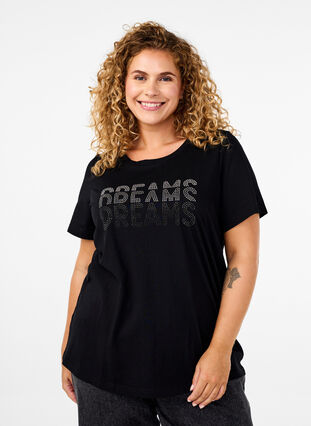 Zizzi T-shirt i bomull med strassmotiv, Black w. Dream, Model image number 0