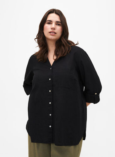 Zizzi Skjortblus med knappstängning i bomulls- och linneblandning, Black, Model image number 0
