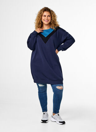 Zizzi Lång sweatshirt med färgblock, Navy B. Color Block, Model image number 2