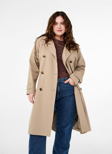 Zizzi Klassisk lång trenchcoat med bälte, Chinchilla, Model image number 0