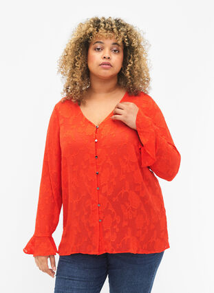 Zizzi Långärmad skjorta med jacquard-look, Orange.com, Model image number 0