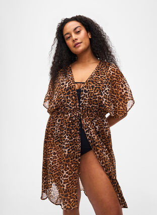 Zizzi Strandkimono med tryck, Leopard, Model image number 2