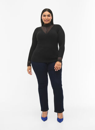 Zizzi Ribbad viskosblus med spets, Black, Model image number 2