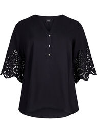 Skjortblus med broderie anglaise och 3/4-ärmar, Black