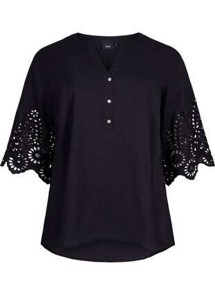 Zizzi Skjortblus med broderie anglaise och 3/4-ärmar, Black, Packshot image number 0