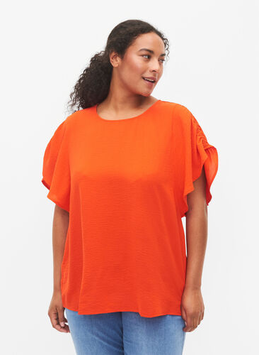 Zizzi Kortärmad blus med rynkor, Orange.com, Model image number 0