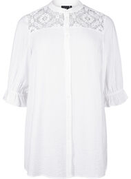 Lång viskosskjorta med spetsdetalj, Bright White