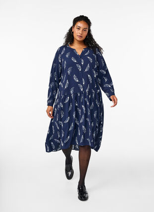 Zizzi Midi-klänning med långa ärmar, Navy B. Feather AOP, Model image number 0