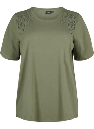 Zizzi T-shirt i ekologisk bomull med broderade detaljer, Thyme, Packshot image number 0