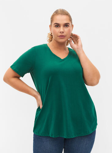 Zizzi Enfärgad t-shirt i bomull, Evergreen, Model image number 0