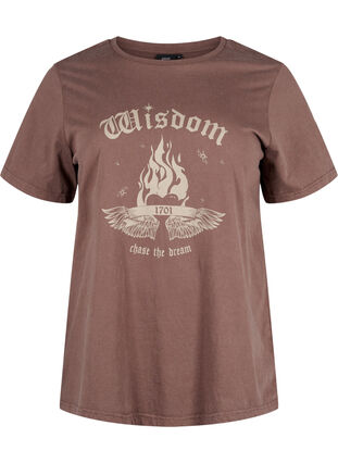 Zizzi T-shirt i ekologisk bomull med tryck, Brown Wash W. Wisdom, Packshot image number 0