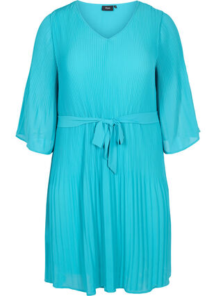 Zizzi Plisserad klänning med 3/4-ärmar, Turquoise, Packshot image number 0