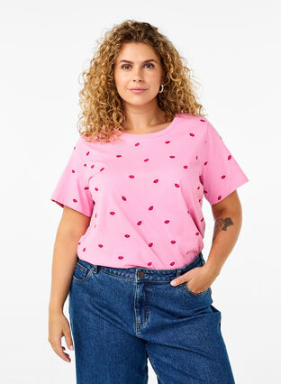 Zizzi T-shirt med hjärtan i ekologisk bomull., Rose Bl. Lips Emb. , Model image number 0