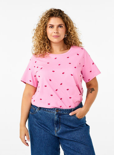 Zizzi T-shirt med hjärtan i ekologisk bomull., Rose Bl. Lips Emb. , Model image number 0