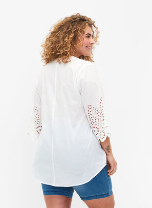 Zizzi Skjortblus med broderie anglaise och 3/4-ärmar, Bright White, Model image number 1