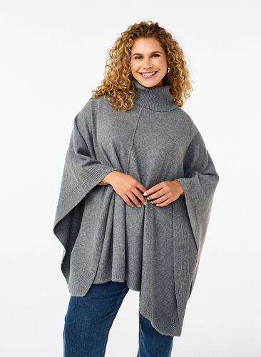 Zizzi Poncho med hög hals, Medium Grey Melange, Model image number 0