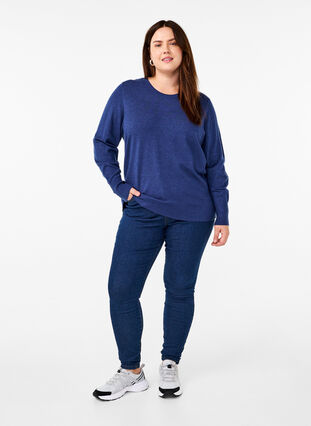 Zizzi FLASH - Stickad blus med rund hals, Estate Blue Mel., Model image number 2