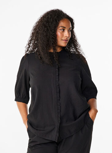 Zizzi Skjortblus med volanger och broderie anglaise, Black, Model image number 0