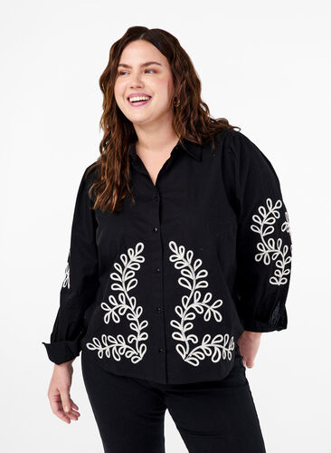 Zizzi Löst sittande bomullsskjorta med broderi, Black, Model image number 0