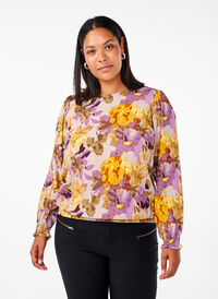 Smockblus med blomtryck, Purple Flower, Model