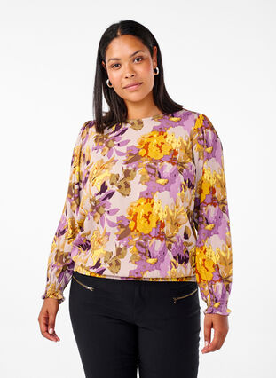 Zizzi Smockblus med blomtryck, Purple Flower, Model image number 0