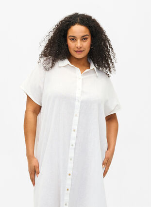 Zizzi Lång skjorta i bomullsblandning med linne, Bright White, Model image number 2