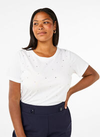 T-shirt i bomull med strasstenar, Bright White, Model