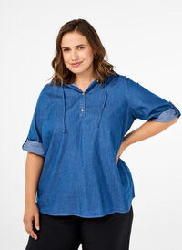 Denimblus med huva, Medium Blue Denim, Model