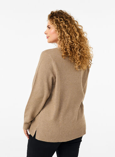 Zizzi Stickad blus med V-ringning, Desert Taupe Melange, Model image number 1