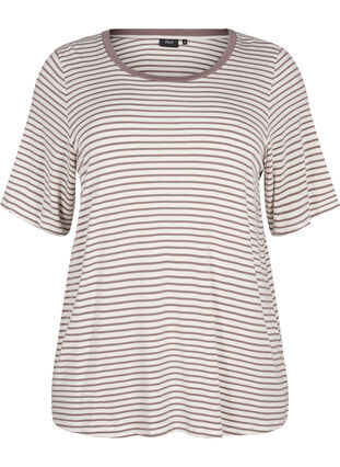 Zizzi Randig T-shirt i lyocell med rund hals, Ant White Walnut St, Packshot image number 0