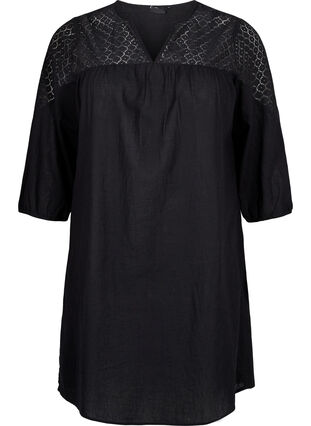 Zizzi Klänning i bomullsblandning med linne och virkade detaljer, Black, Packshot image number 0