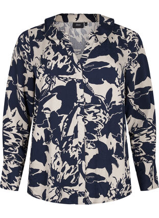 Zizzi Långärmad skjorta med tryck och v-ringning, Navy Blazer AOP, Packshot image number 0