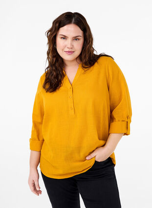 Zizzi Skjortblus i bomull med v-ringning, Golden Yellow, Model image number 0