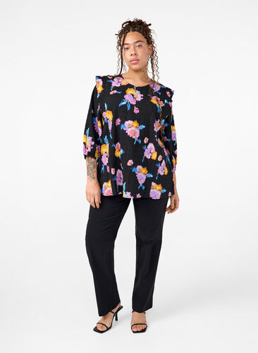 Zizzi Blommig blus med rund halsringning och dragkedja, Black w. Flower AOP, Model image number 1