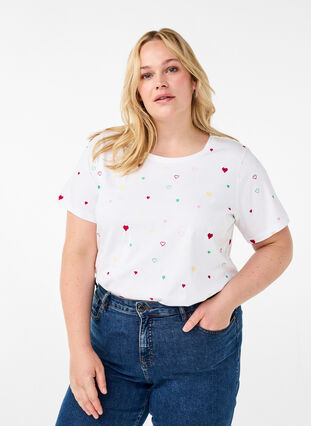 Zizzi T-shirt med hjärtan i ekologisk bomull., White Heart Emb., Model image number 0